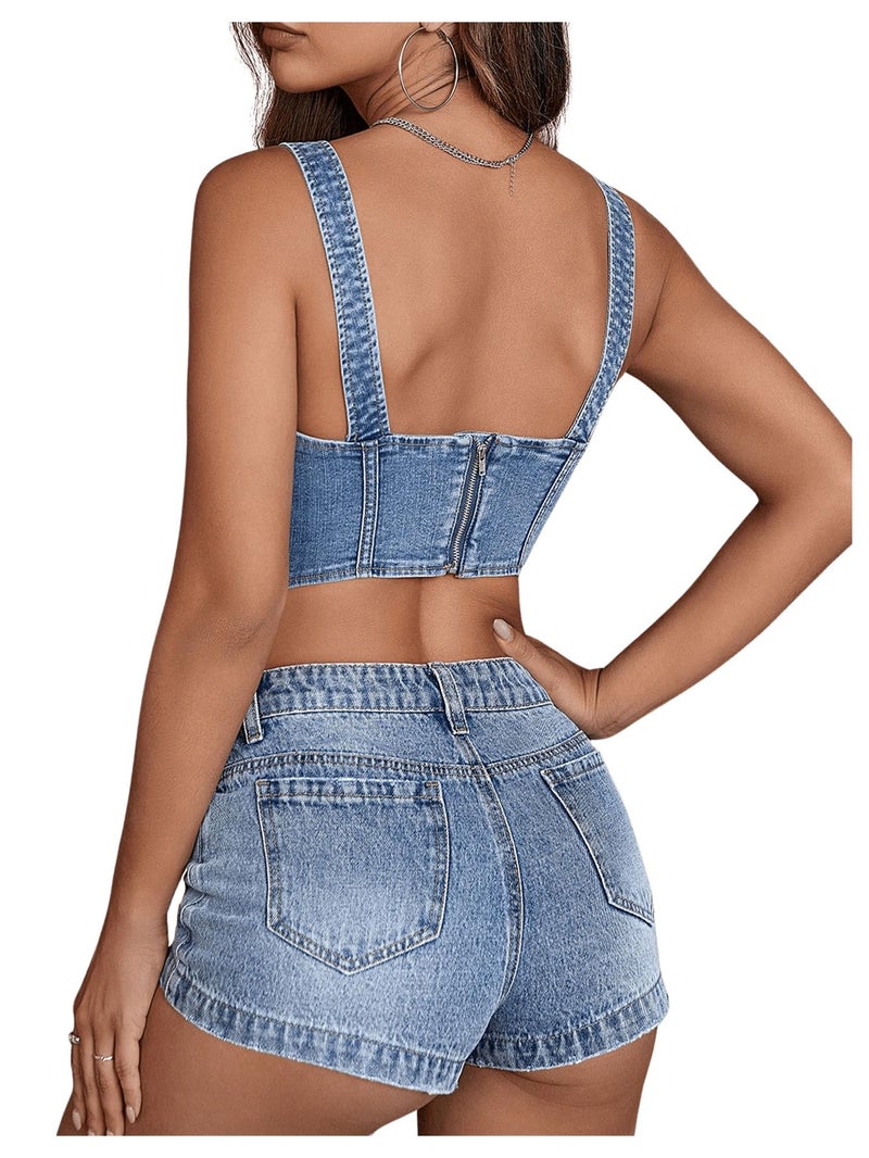 Floerns Women's Square Neck Sleeveless Corset Denim Top Asymmetrical Hem Zip Up Back Crop Tank Top L - Image 2