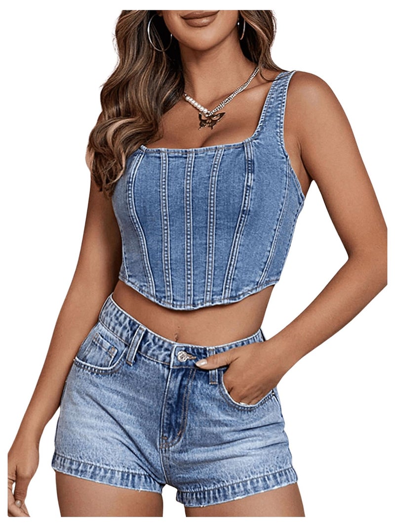 Floerns Women's Square Neck Sleeveless Corset Denim Top Asymmetrical Hem Zip Up Back Crop Tank Top L - Image 1