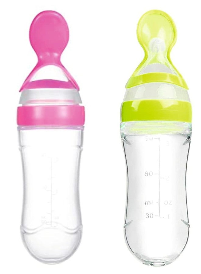 Roforuf Newborn Baby Feeding Spoon Bottle 90ML, Silicone Squeeze Feeding Spoon for Milk/Rice Paste Feeder/Baby Food Feeder/Cereal Bottle/Fruit Feeder (Pink & Green 2 pc) - Image 1