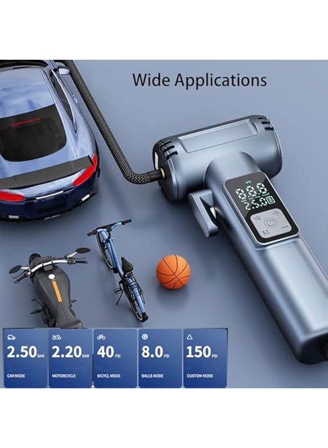 Handheld Tire Inflator Portable Air Compressor, Cordless Electric Air Pump, 150PSI Portable Bike Tire Pump with Pressure Gauge LCD Dual Screen and LED Light for Car Bike Motorcycle Balls - Image 2