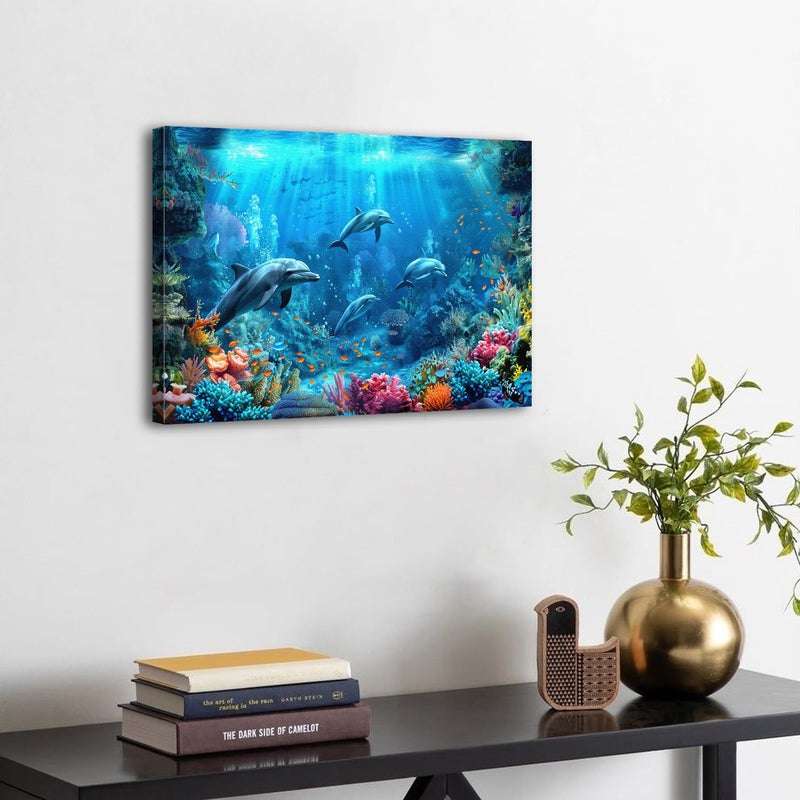 sunfrower Blue Beach Bathroom Wall Decor Ocean Dolphin Wall Art Underwater World Coral Fish Pictures for Living Room Navy Seascape Photo Canvas Prints Coastal Sea Animal Artwork Bedroom Home Decorations 12x16â€ - Image 3