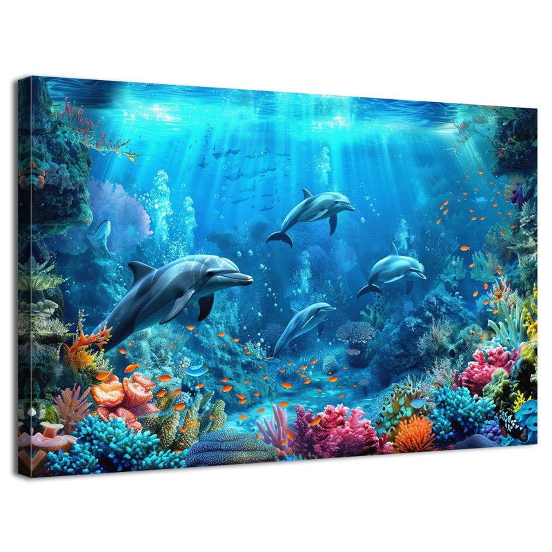 sunfrower Blue Beach Bathroom Wall Decor Ocean Dolphin Wall Art Underwater World Coral Fish Pictures for Living Room Navy Seascape Photo Canvas Prints Coastal Sea Animal Artwork Bedroom Home Decorations 12x16â€ - Image 1