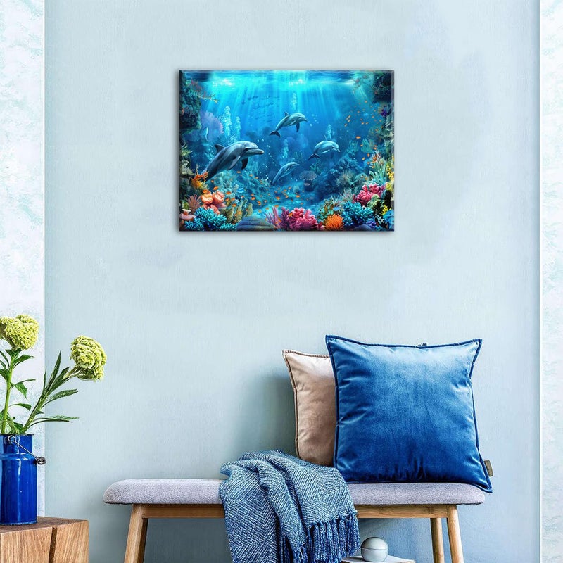sunfrower Blue Beach Bathroom Wall Decor Ocean Dolphin Wall Art Underwater World Coral Fish Pictures for Living Room Navy Seascape Photo Canvas Prints Coastal Sea Animal Artwork Bedroom Home Decorations 12x16â€ - Image 4