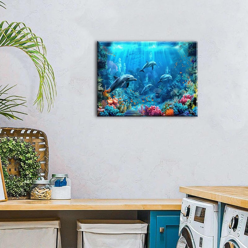 sunfrower Blue Beach Bathroom Wall Decor Ocean Dolphin Wall Art Underwater World Coral Fish Pictures for Living Room Navy Seascape Photo Canvas Prints Coastal Sea Animal Artwork Bedroom Home Decorations 12x16â€ - Image 5