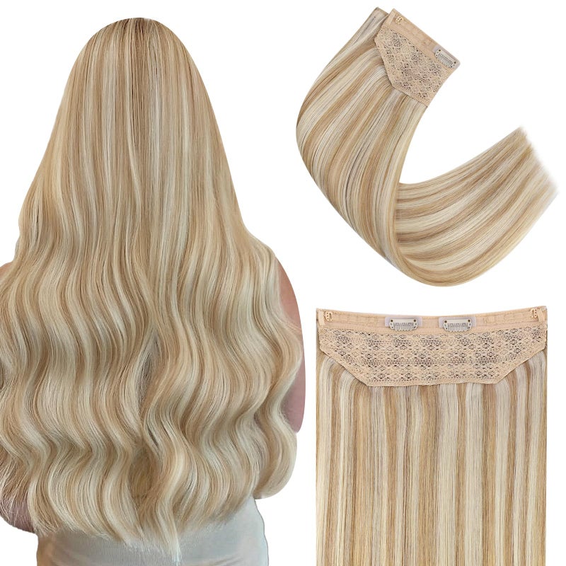 Easyouth Wire Hair Extensions Real Human Hair Highlights Softness Hair Wire Extensions Honey Blonde Highlight Bleach Blonde Fish Line Human Hair Extensions Undetectable and NaturalLooking 16Inch 80G