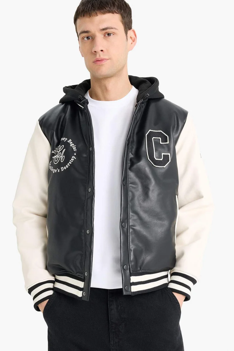 ديفاكتو Regular Fit College Collar Faux Leather Bomber Jacket