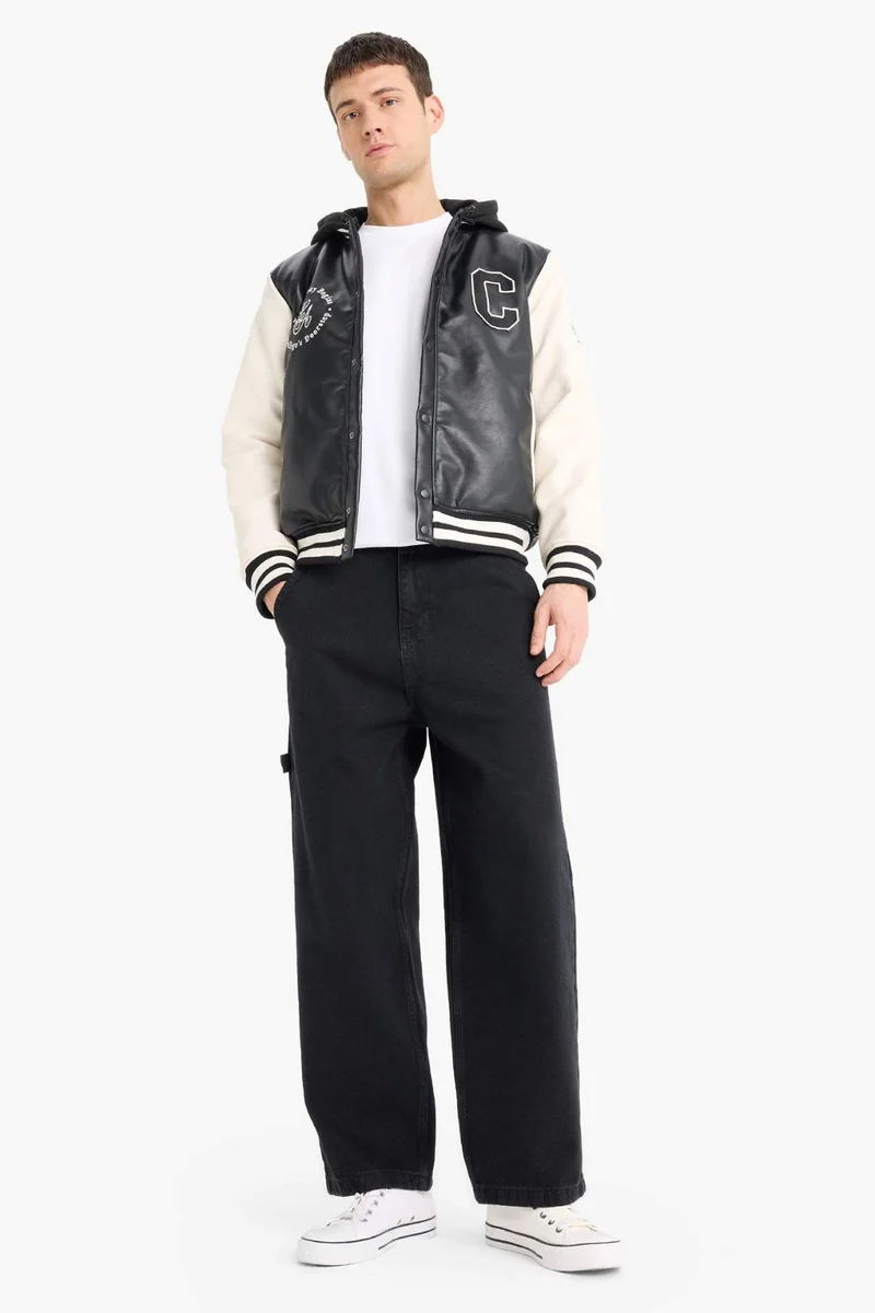ديفاكتو Regular Fit College Collar Faux Leather Bomber Jacket