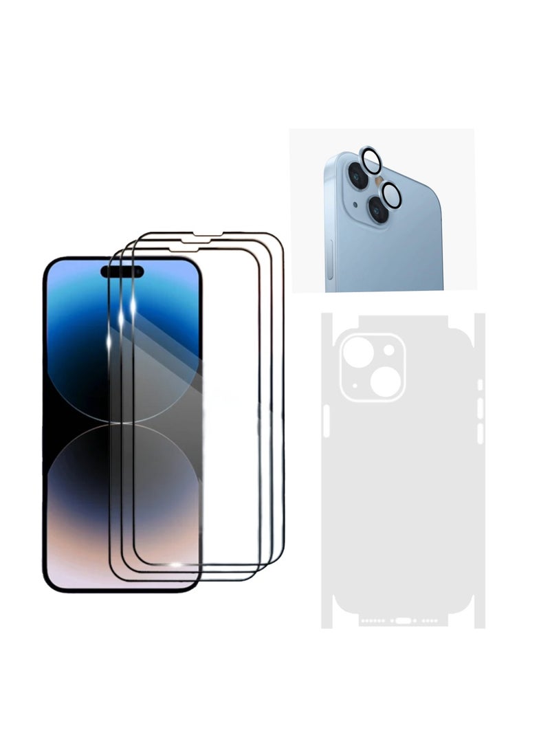 DIGI CORE iPhone Full Coverage Set iPhone 14 Screen Protector 3 Pack 6.1 Inch 2.5D Curved Edges With iPhone 14 Camera Lens And Anti-Scratch iPhone Back PVC Clear Sheet (iPhone 14, Blue) - Image 1