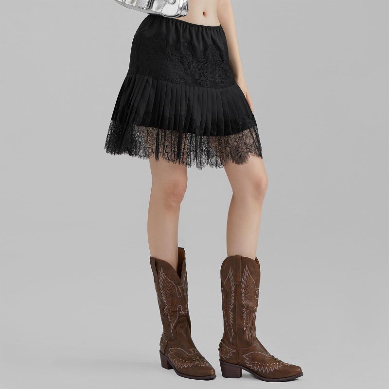 Passec Women Y2K Black White Lace Mini Skirt Low Rise Half Slip Underskirt Ruffle Pleated Layered Flowy Short Skirts (Small, A Black) - Image 3