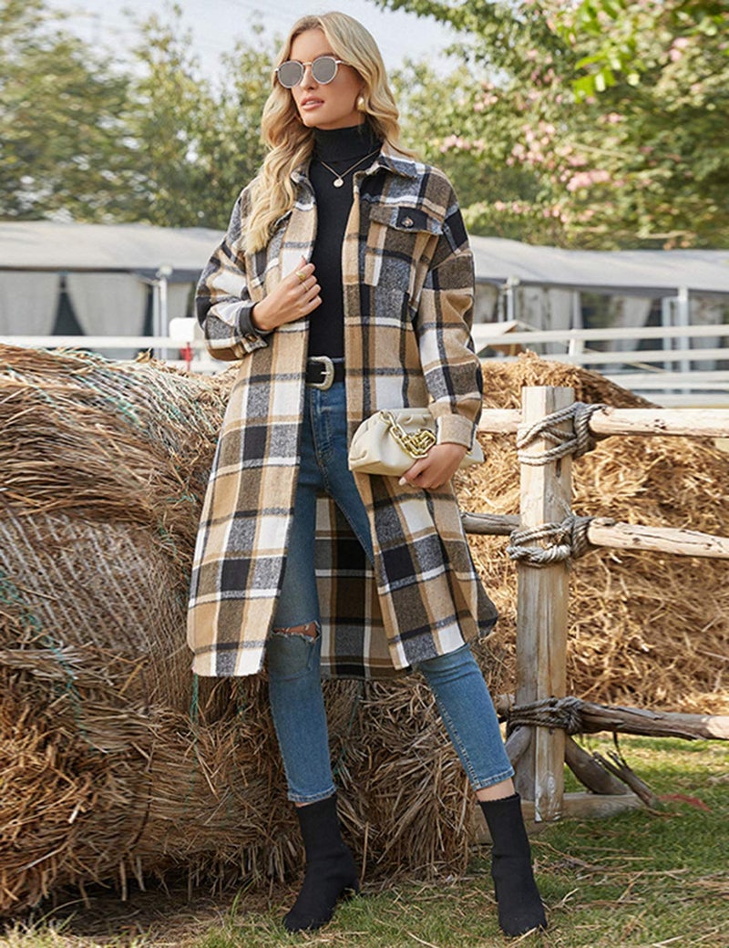 PUWEI Women's Casual Lapel Button Down Long Plaid Shirt Coat Tartan Shacket Jacket(1370-Brown-S) - Image 3