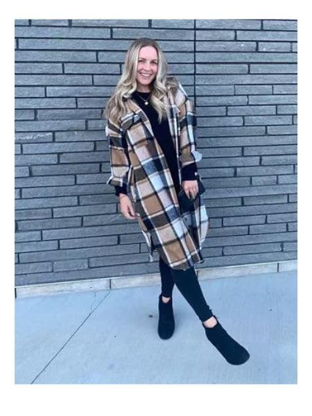 PUWEI Women's Casual Lapel Button Down Long Plaid Shirt Coat Tartan Shacket Jacket(1370-Brown-S) - Image 4