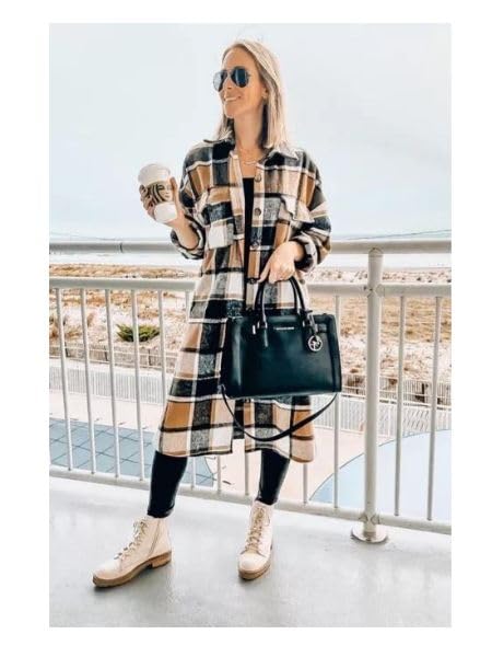 PUWEI Women's Casual Lapel Button Down Long Plaid Shirt Coat Tartan Shacket Jacket(1370-Brown-S) - Image 5