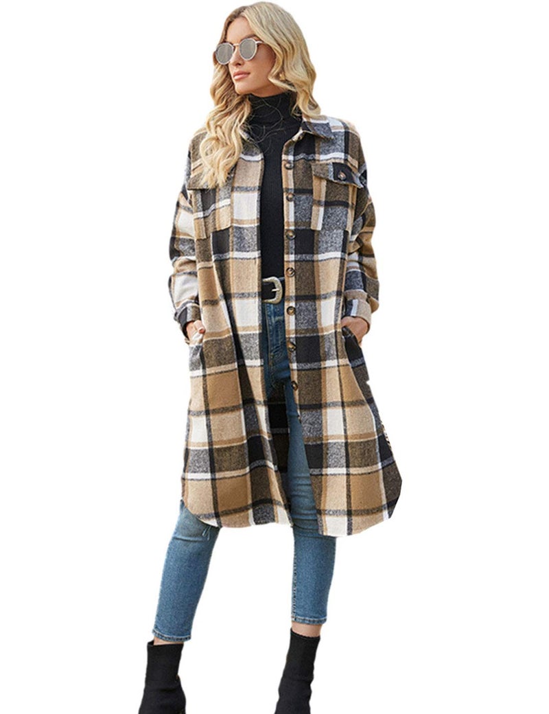 PUWEI Women's Casual Lapel Button Down Long Plaid Shirt Coat Tartan Shacket Jacket(1370-Brown-S) - Image 1