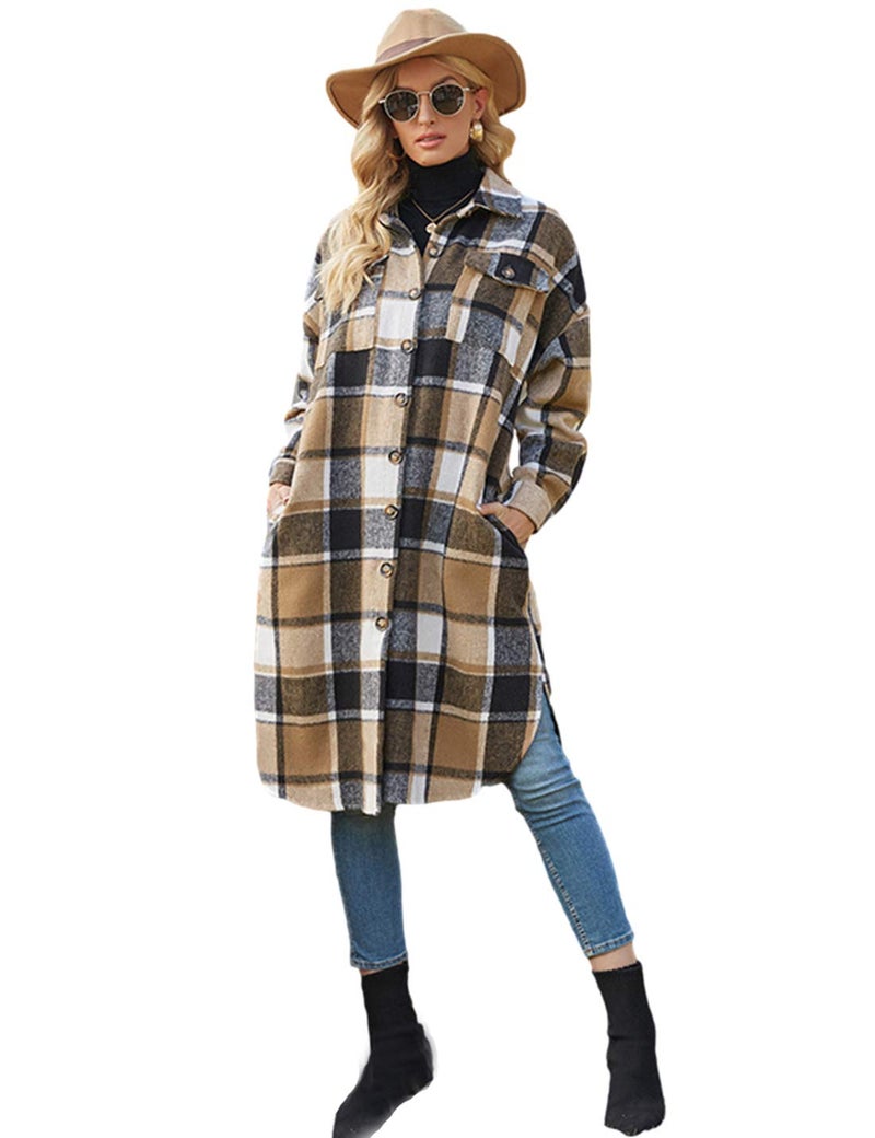 PUWEI Women's Casual Lapel Button Down Long Plaid Shirt Coat Tartan Shacket Jacket(1370-Brown-S) - Image 2