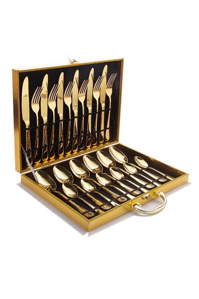 مجموعة أدوات مائدة من الفولاذ المقاوم للصدأ مكونة من 24 قطعة - مجموعة أدوات مطبخ بدون ملمس سطحي - مجموعة أدوات مائدة غربية للمطبخ المنزلي والمطاعم والفنادق والحفلات والنزهات - تغليف فاخر - هدية - ذهبي - Image 1