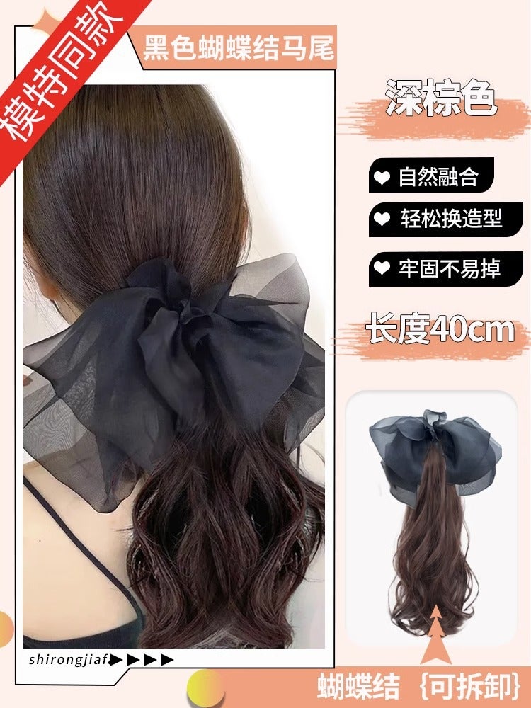 Generic Big wave high ponytail wig female grip bow long hair ponytail simulation hair net red curly hair low ponytailBow clip curly hair [dark brown] 40cm Bow clip curly hair [dark brown] 40cm 