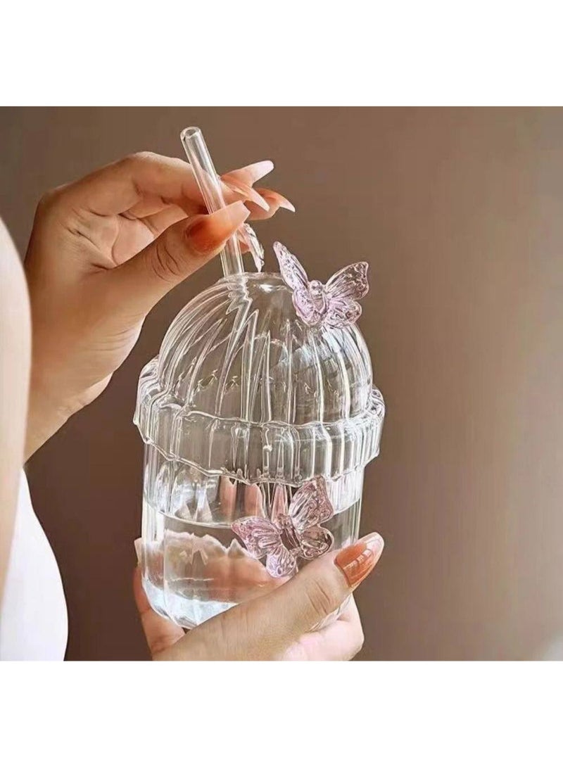 كوب زجاج حراري  شكل فراشة + شاليموه فيونكة  حجم 400 مللي - Image 1