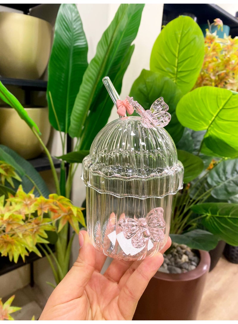 كوب زجاج حراري  شكل فراشة + شاليموه فيونكة  حجم 400 مللي - Image 4