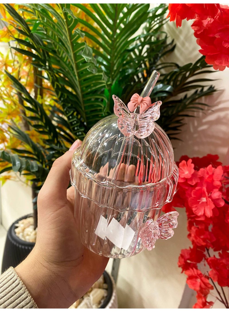 كوب زجاج حراري  شكل فراشة + شاليموه فيونكة  حجم 400 مللي - Image 5