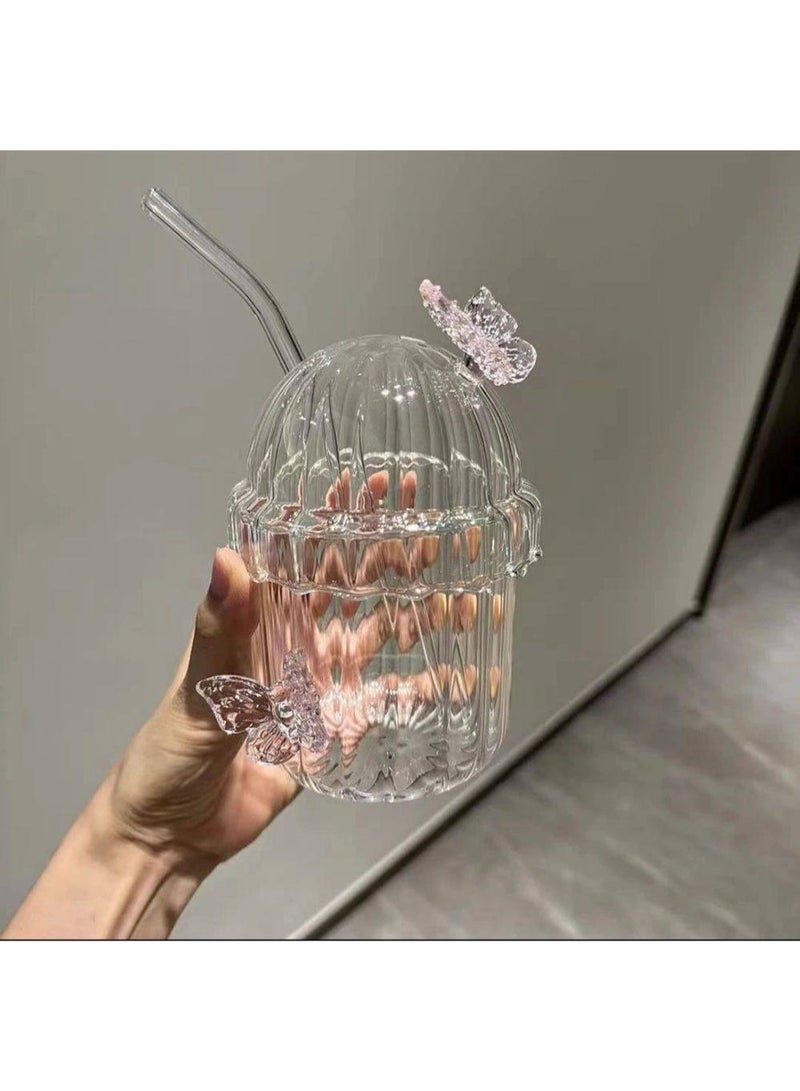 كوب زجاج حراري  شكل فراشة + شاليموه فيونكة  حجم 400 مللي - Image 2