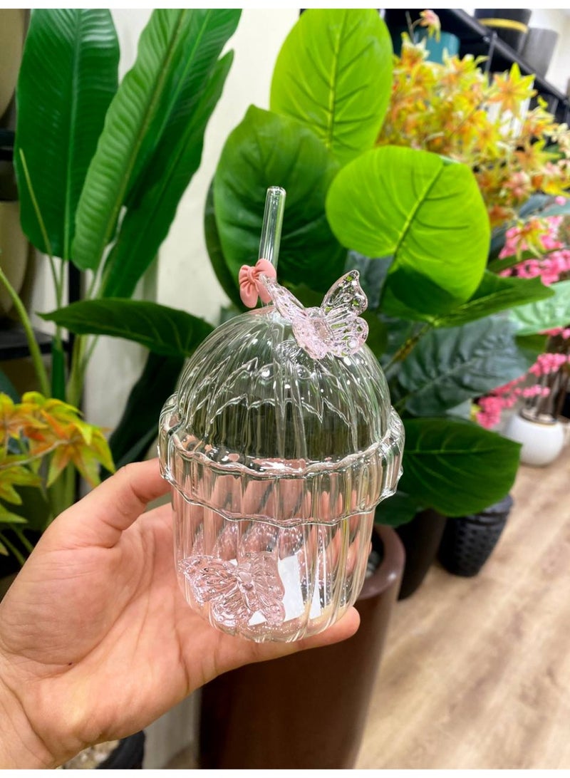 كوب زجاج حراري  شكل فراشة + شاليموه فيونكة  حجم 400 مللي - Image 3