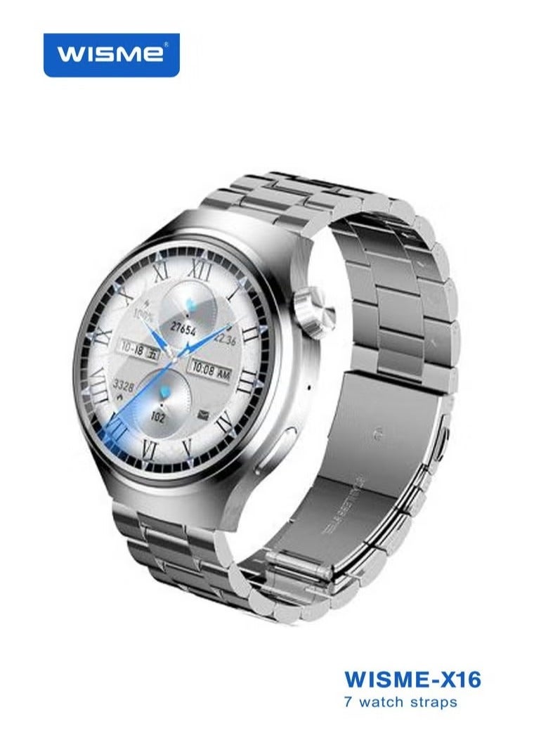 WISME X16 Round Shape Curved Display Smartwatch with 7 Pair Straps, Charging Cable, Designed for Men Silver. - Image 1