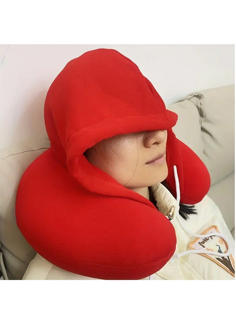 Hihonor Cozy Travel Companion - Soft, Particle-Filled, Hooded U-Shaped Neck Pillow for Comfortable Airplane Naps, Relaxing Car Rides, and Peaceful Bus Trips (Red) - Image 1