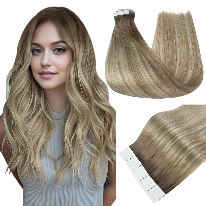 Fshine Full Shine Tape in Extensions Real Human Hair Color 19/8/60 Brown and Blonde Ombre 20PCS Invisible Double Sided Seamless Human Hair Extensions Tape in 30g 12 Inch Natural Straight Hair for Party - Image 1