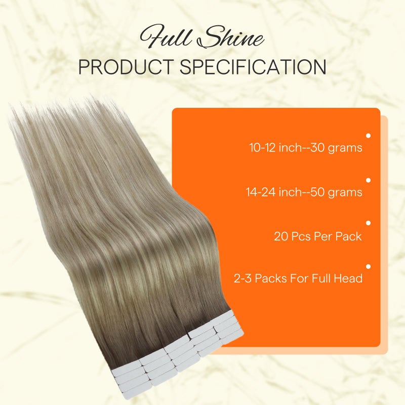 Fshine Full Shine Tape in Extensions Real Human Hair Color 19/8/60 Brown and Blonde Ombre 20PCS Invisible Double Sided Seamless Human Hair Extensions Tape in 30g 12 Inch Natural Straight Hair for Party - Image 3