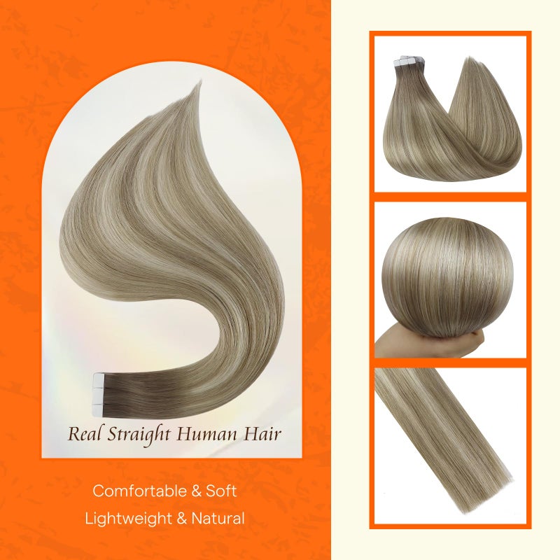 Fshine Full Shine Tape in Extensions Real Human Hair Color 19/8/60 Brown and Blonde Ombre 20PCS Invisible Double Sided Seamless Human Hair Extensions Tape in 30g 12 Inch Natural Straight Hair for Party - Image 2