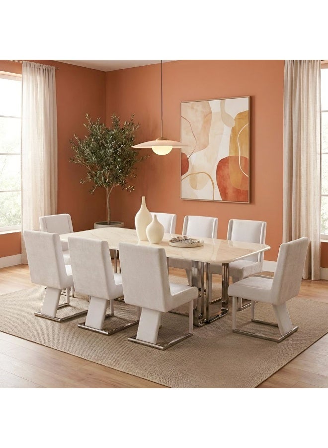 Retrova 1+8 Seater Dining Set | 9-Piece Comfortable Dining Set | Kitchen Dining Table With 8 Dining Chairs | Modern Design Furniture For Dining Room - White Grey /Gunmetal