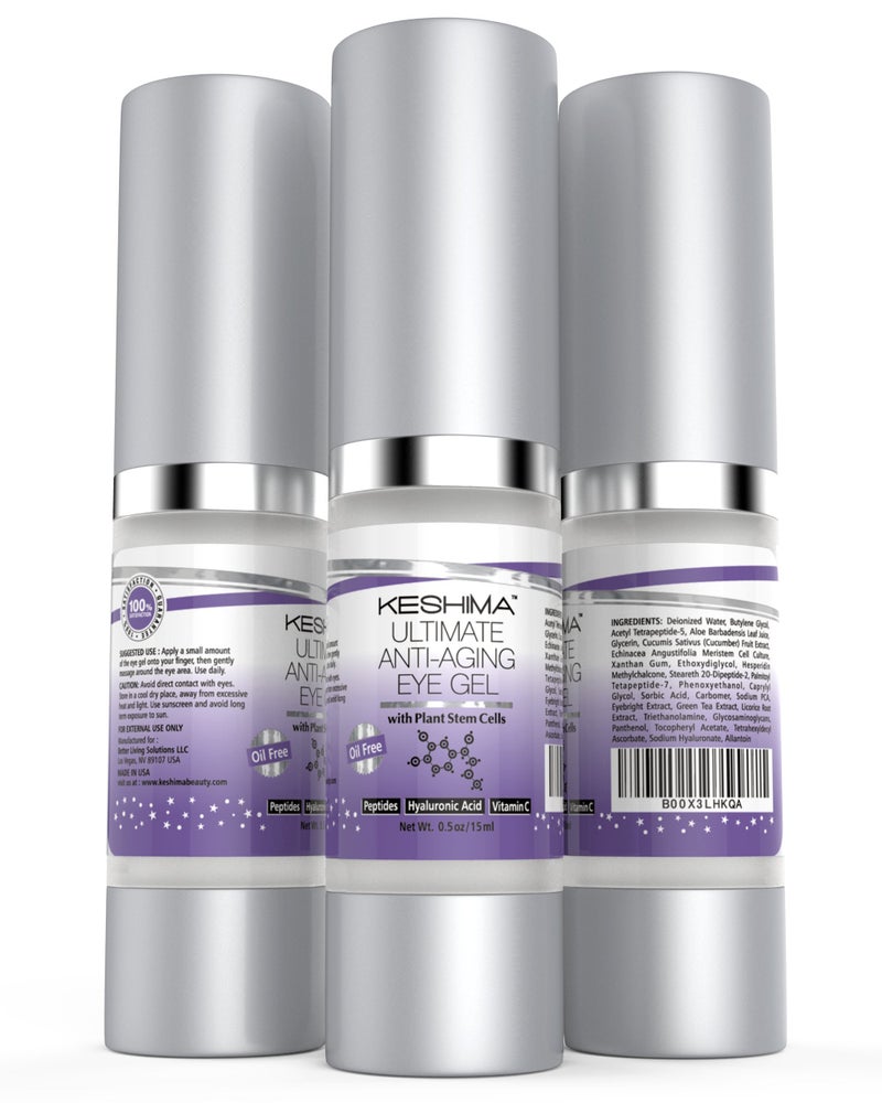 Keshima Eye Gel for Crow's Feet, Puffiness, Sagging Skin, Dark Circles and Wrinkles - Cream with Plant Stem Cells, Vitamin C, Hyaluronic Acid, Complex Peptides, Aloe, Green Tea - Oil Free - Image 4