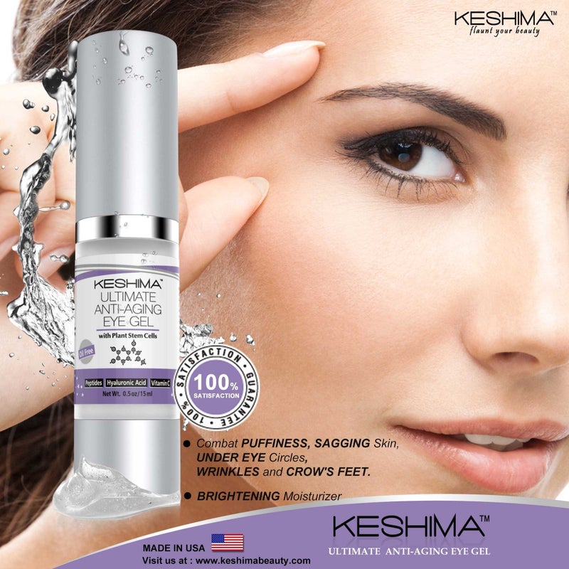 Keshima Eye Gel for Crow's Feet, Puffiness, Sagging Skin, Dark Circles and Wrinkles - Cream with Plant Stem Cells, Vitamin C, Hyaluronic Acid, Complex Peptides, Aloe, Green Tea - Oil Free - Image 5