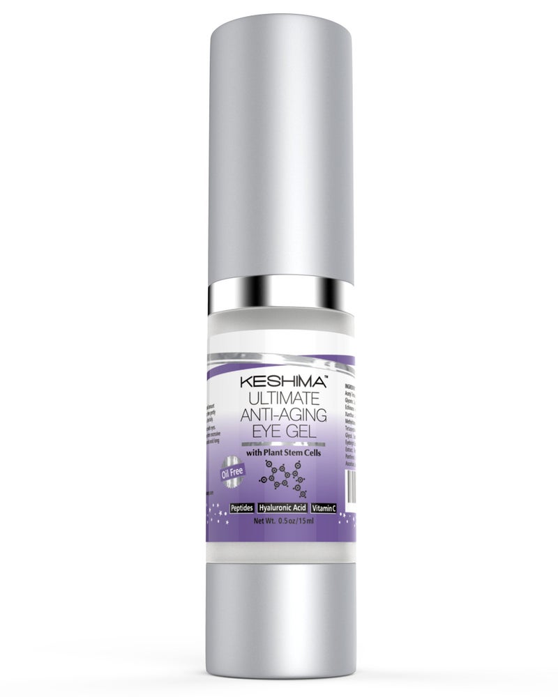 Keshima Eye Gel for Crow's Feet, Puffiness, Sagging Skin, Dark Circles and Wrinkles - Cream with Plant Stem Cells, Vitamin C, Hyaluronic Acid, Complex Peptides, Aloe, Green Tea - Oil Free - Image 1