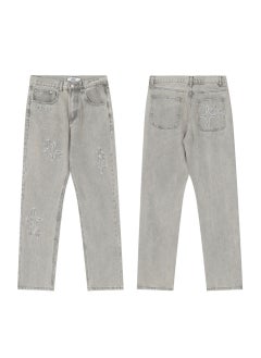 Generic 1 x 5 pcs Broken Planet Embroidered Cross Straight Leg Jeans 8012 Gray 