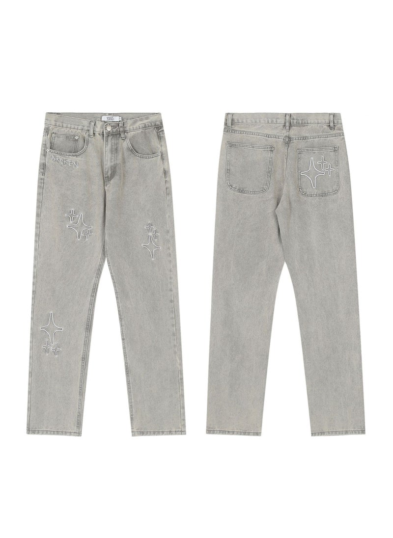 Generic 1 x 5 pcs Broken Planet Embroidered Cross Straight Leg Jeans 8012 Gray 