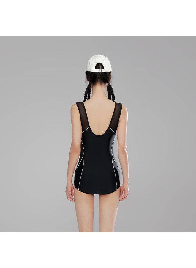 Sanqi Women's Swimwear New Plus Size One-piece Quick-drying Professional Conservative Square Leg Racing Swimsuit Black L - Image 5