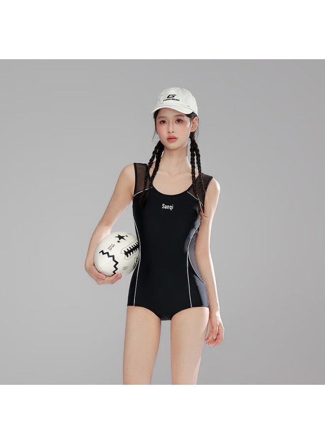 Sanqi Women's Swimwear New Plus Size One-piece Quick-drying Professional Conservative Square Leg Racing Swimsuit Black L - Image 3