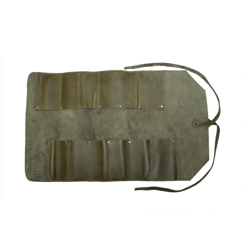 Hide & Drink Hide Drink Big Tool Roll Up Bag with 12 Slots Workshop Storage Woodworking Tools Organizer Rustic Case Full Grain Leather Handmade Dark Jade