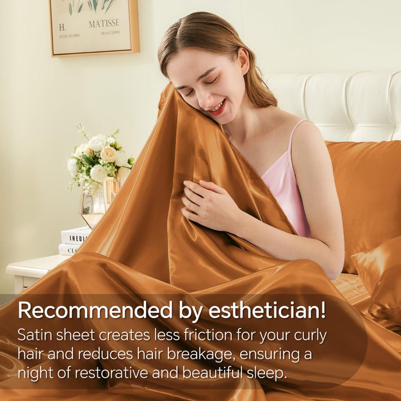 BEDELITE King Size Sheets Set, Luxury Soft Burnt Orange Satin Sheets for Hair and Skin, Similar to Silk Bed Sheets Set 4 Pieces with 1 Deep Pocket Fitted Sheet, 1 Flat Sheet, and 2 Pillowcases - Image 4