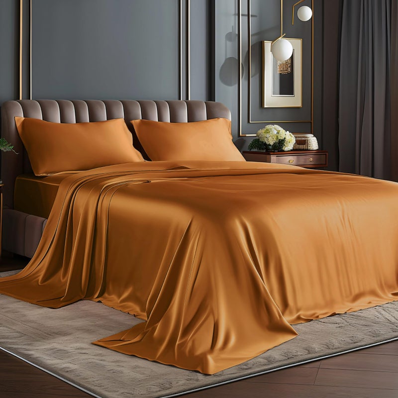BEDELITE King Size Sheets Set, Luxury Soft Burnt Orange Satin Sheets for Hair and Skin, Similar to Silk Bed Sheets Set 4 Pieces with 1 Deep Pocket Fitted Sheet, 1 Flat Sheet, and 2 Pillowcases - Image 1