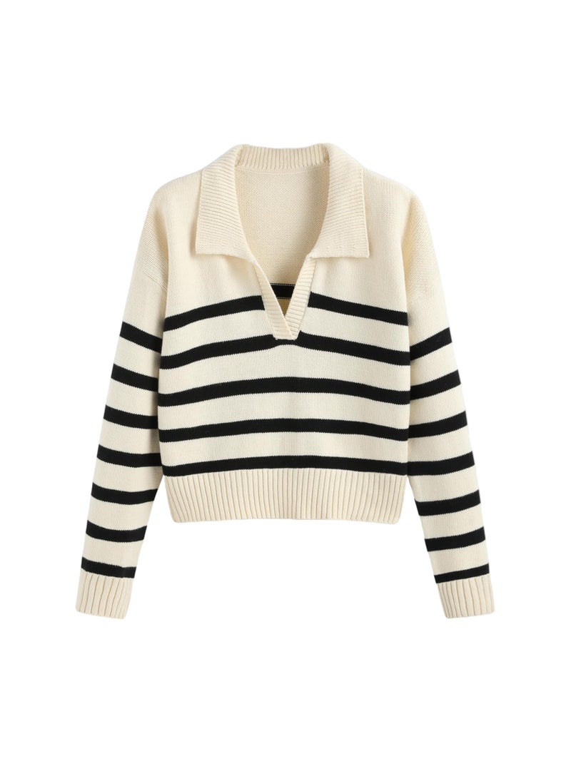 CIDER Womenâ€™s Polo Sweater Striped Collared Lightweight Long Sleeve V Neck Pullover Fall Sweater Tops 2025 - Image 1