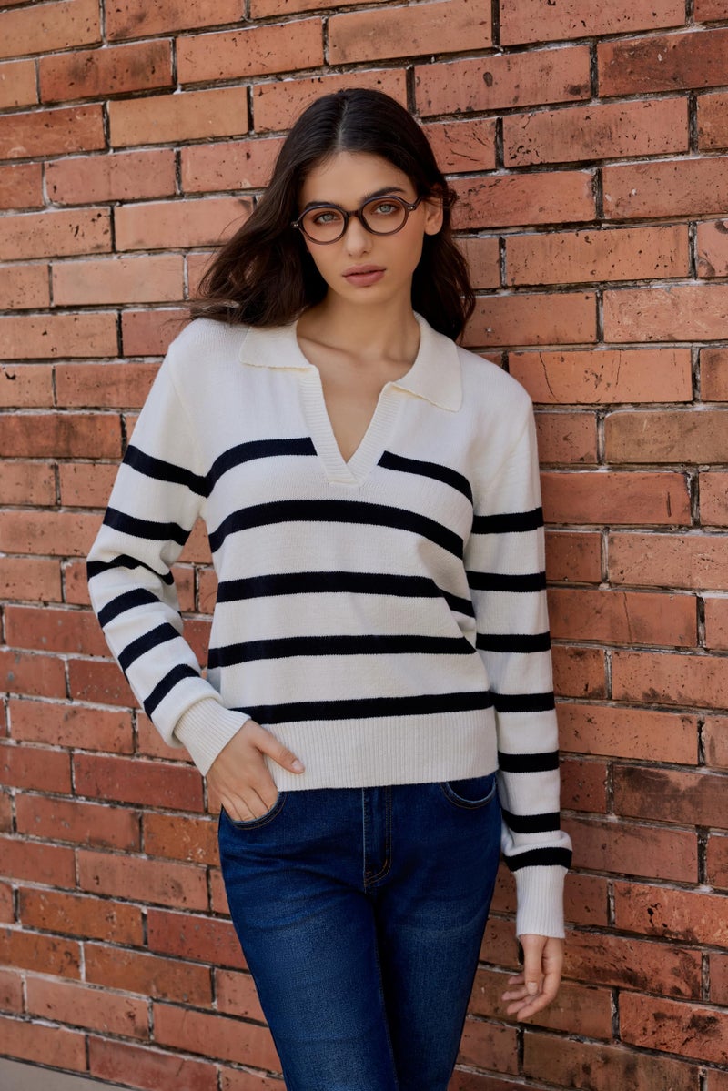 CIDER Womenâ€™s Polo Sweater Striped Collared Lightweight Long Sleeve V Neck Pullover Fall Sweater Tops 2025 - Image 5