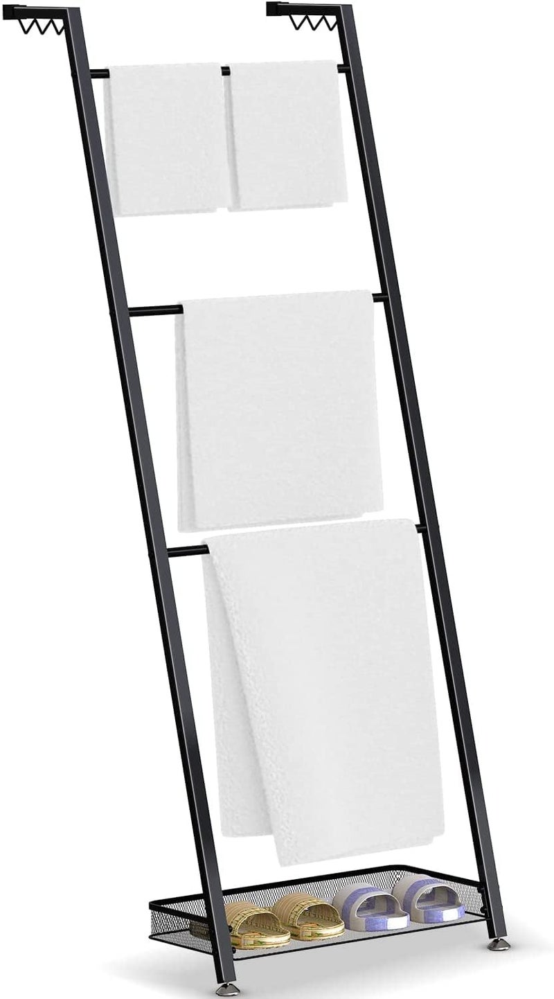 Indian Decor 41402 Towel Blanket Ladder with Storage Basket Metal Freestanding Leaning Blanket Towel Rack Ladder for Bathroom Living Room Kitchen Black  - Image 1