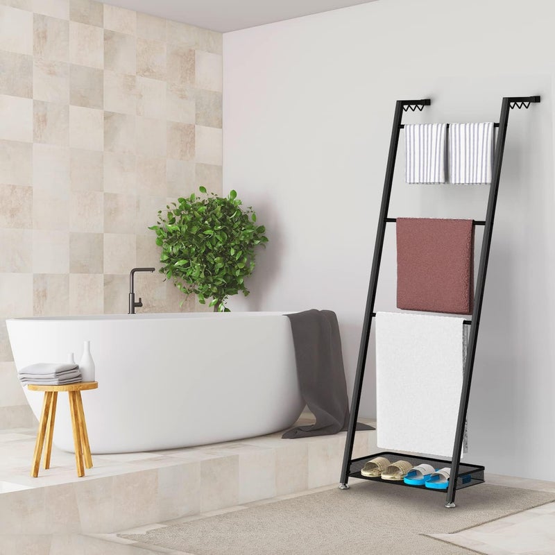 Indian Decor 41402 Towel Blanket Ladder with Storage Basket Metal Freestanding Leaning Blanket Towel Rack Ladder for Bathroom Living Room Kitchen Black  - Image 2