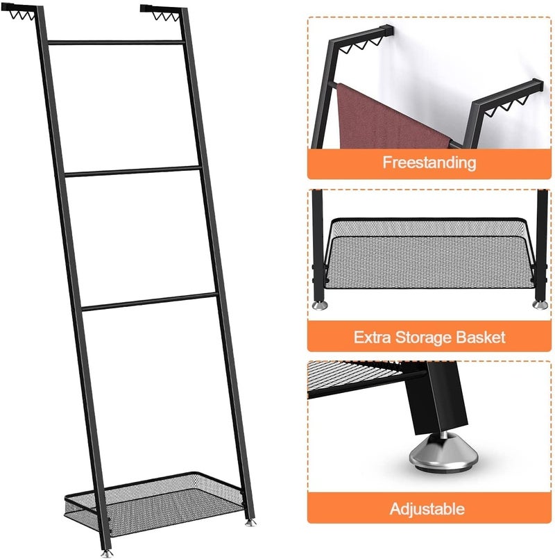 Indian Decor 41402 Towel Blanket Ladder with Storage Basket Metal Freestanding Leaning Blanket Towel Rack Ladder for Bathroom Living Room Kitchen Black  - Image 3