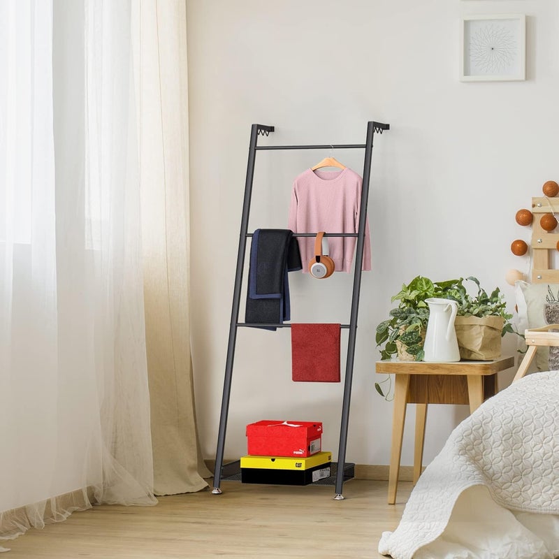 Indian Decor 41402 Towel Blanket Ladder with Storage Basket Metal Freestanding Leaning Blanket Towel Rack Ladder for Bathroom Living Room Kitchen Black  - Image 4