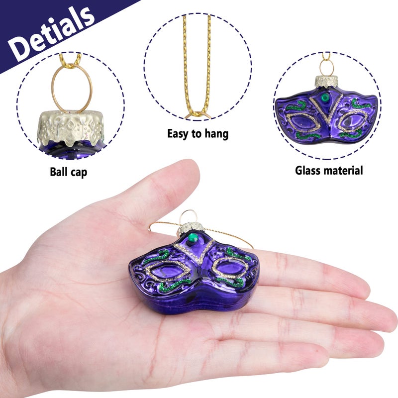 LFUTARI 9pcs Mardi Gras Mask Glass Ornament  New Orleans Glass Mask Blown Ornaments  Gold Green Purple Mardi Gras Mask Hanging Ornaments for Mardi Gras Holiday New Orleans Party (Mardi Gras) - Image 3