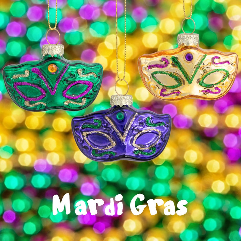 LFUTARI 9pcs Mardi Gras Mask Glass Ornament  New Orleans Glass Mask Blown Ornaments  Gold Green Purple Mardi Gras Mask Hanging Ornaments for Mardi Gras Holiday New Orleans Party (Mardi Gras) - Image 5