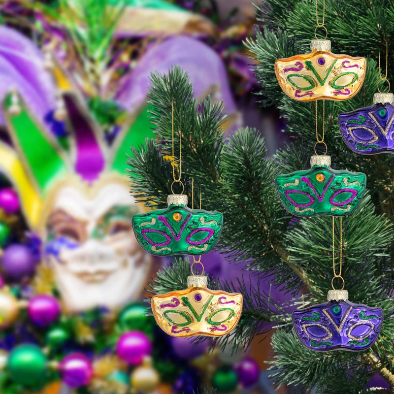 LFUTARI 9pcs Mardi Gras Mask Glass Ornament  New Orleans Glass Mask Blown Ornaments  Gold Green Purple Mardi Gras Mask Hanging Ornaments for Mardi Gras Holiday New Orleans Party (Mardi Gras) - Image 4